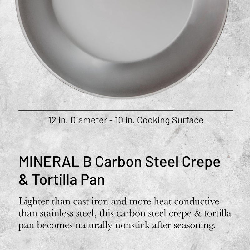 De Buyer MINERAL B Carbon Steel Crepe & Tortilla Pan - 12â€ Diameter, 10â€ Cooking Surface - Ideal for Making & Reheating Crepes, Tortillas & Pancakes - PFAS, PFOA & PFOS Free - Made in France - Image 2