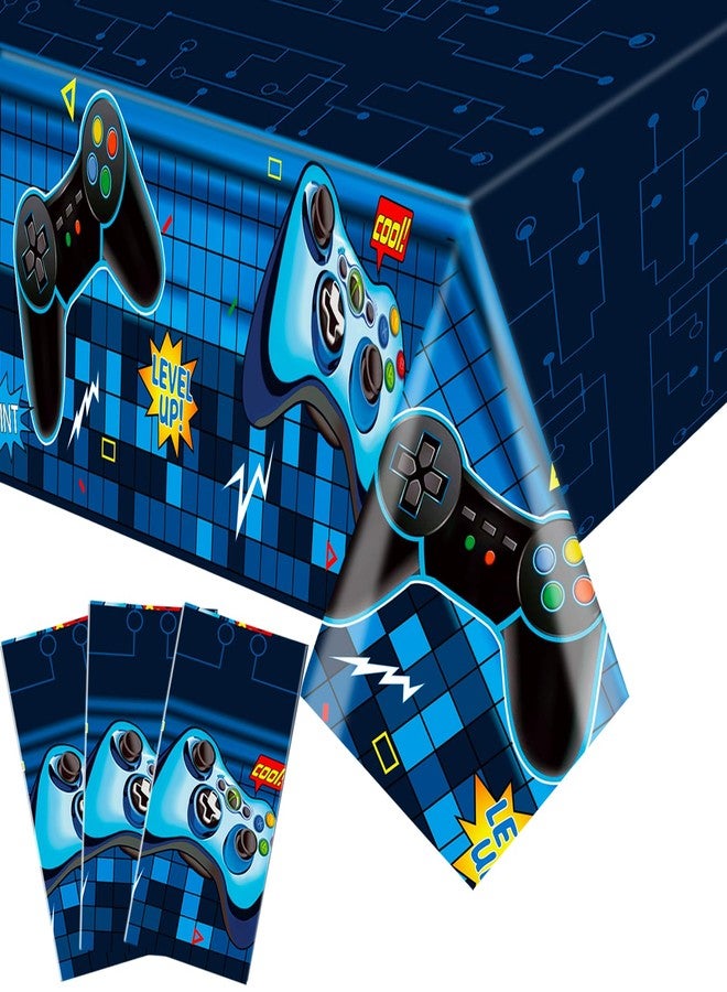 MEIDUO Video Game Rectangular Tablecloth, 3 Pcs Blue PE Plastic Disposable, 54'' x 108'', for Boys Gamer Birthday Party Decorations - Image 1