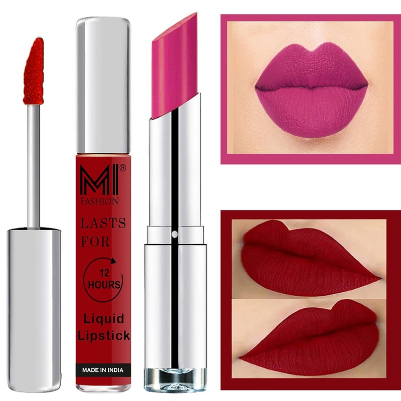 MI Fashion Made in India Lipstick Combo Offers 100 Veg Long Lasting Red Liquid Matte Lipstick Rosy Pink Creamy Matte Lipstick - Image 1