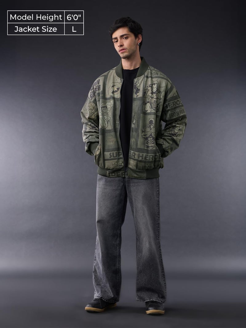 The Souled Store Marvel: Heroes Assemble Men and Boys Full Sleeves Round Neck Dark Green Graphic Printed Polyester Regular Fit Lightweight Reversible Bomber Jacket - Image 2