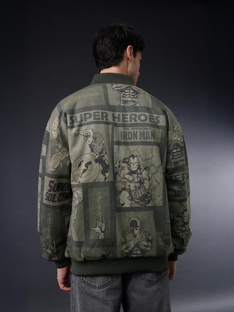 The Souled Store Marvel: Heroes Assemble Men and Boys Full Sleeves Round Neck Dark Green Graphic Printed Polyester Regular Fit Lightweight Reversible Bomber Jacket - Image 3