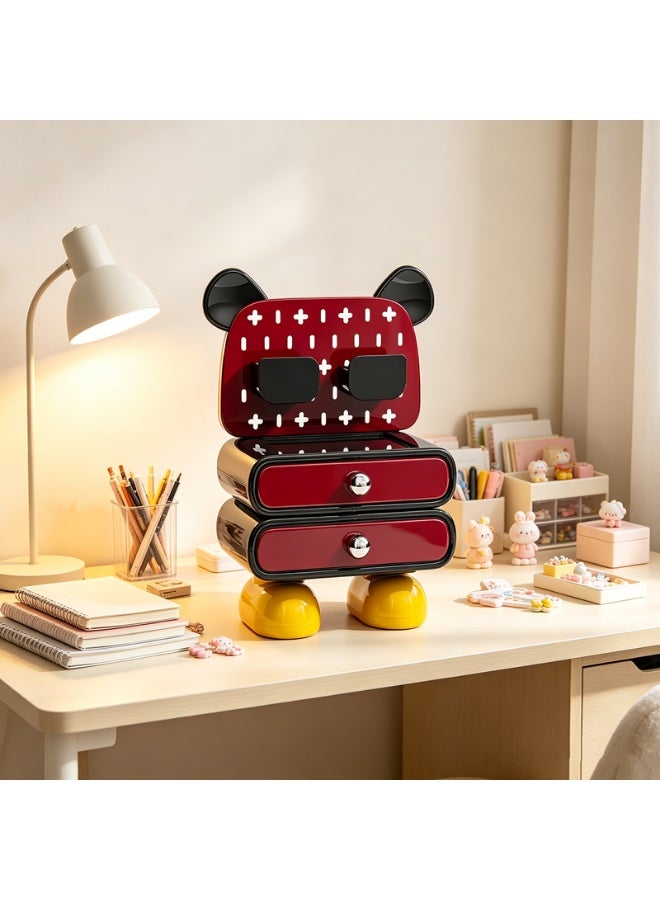 Golden Trendy Bear Storage Cabinet Creative Cartoon Desktop Storage Rack Double Drawer Jewelry Cosmetics Storage Box (HC-3011-Red) - Image 4
