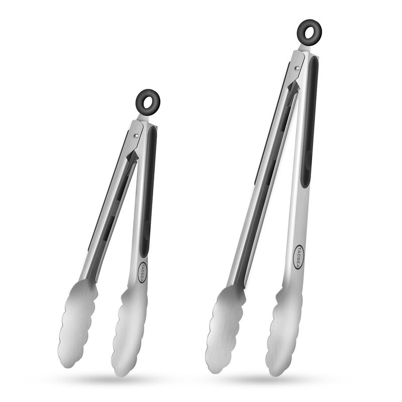TACGEA Stainless Steel Kitchen Tongs, Silicone Non-slip Grip, Locking Grilling Food Tongs Set of 2, 9-inch & 12-inch - Image 1