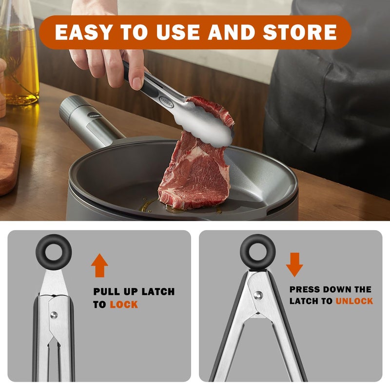 TACGEA Stainless Steel Kitchen Tongs, Silicone Non-slip Grip, Locking Grilling Food Tongs Set of 2, 9-inch & 12-inch - Image 3