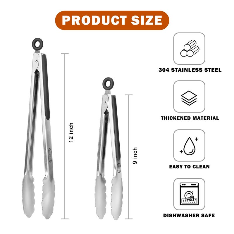 TACGEA Stainless Steel Kitchen Tongs, Silicone Non-slip Grip, Locking Grilling Food Tongs Set of 2, 9-inch & 12-inch - Image 2