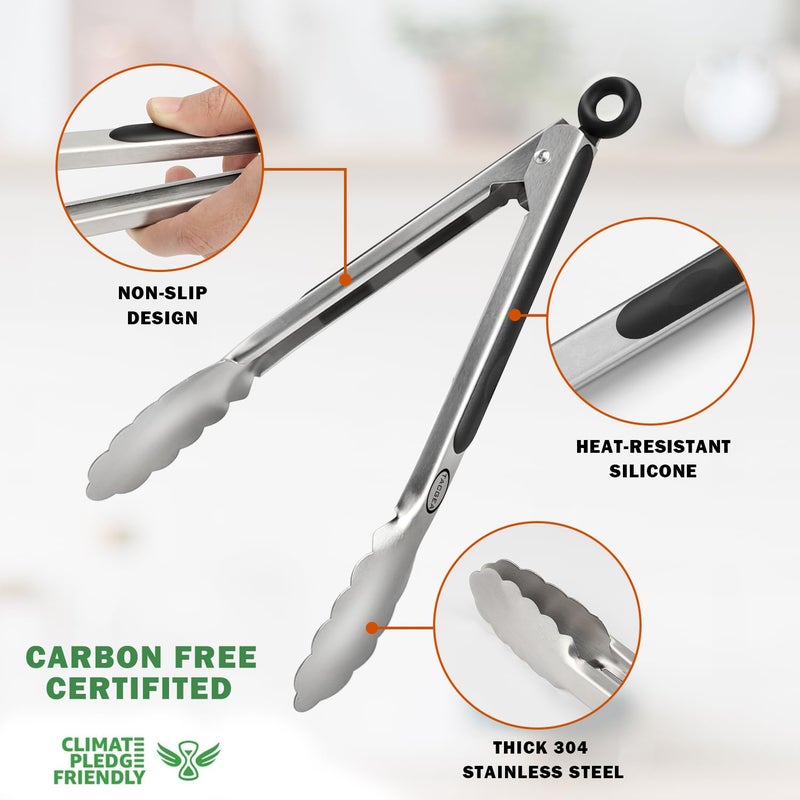 TACGEA Stainless Steel Kitchen Tongs, Silicone Non-slip Grip, Locking Grilling Food Tongs Set of 2, 9-inch & 12-inch - Image 5