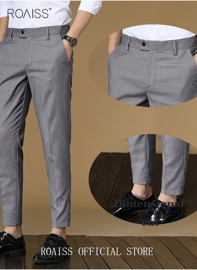 roaiss Men Straight Leg Slim Fit Trousers  Elastic Slimming Effect Pilling Free & Colorfast Mid Rise & Tummy Control No Crotch Binding  - Image 2