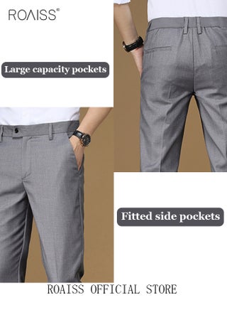 Men Slim Fit Straight Leg Dress Pants, Stretch Cropped Mid Rise Formal Trousers, Tailored Flat Front Suit Pants, Slimming Comfortable Business Slacks for Office Work Wedding Daily Casual, Light Gray - view 4