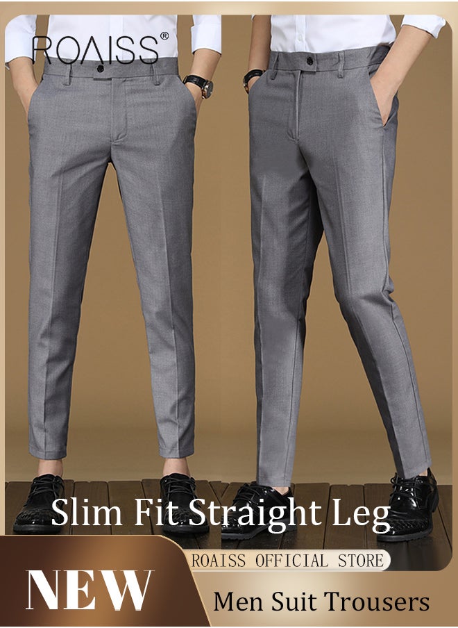 roaiss Men Straight Leg Slim Fit Trousers  Elastic Slimming Effect Pilling Free & Colorfast Mid Rise & Tummy Control No Crotch Binding  - Image 1