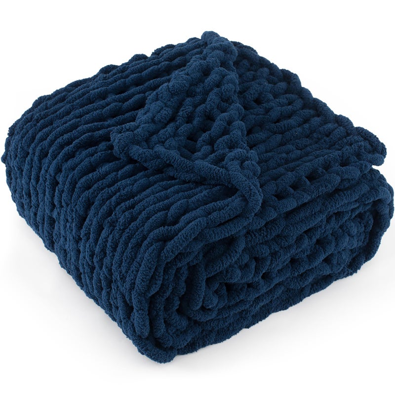 LONG CREATE Chunky Knit Throw Blanket 50X 60 100 Handmade with Soft Chenille Yarn 44lbs Thick Cable Knitted Blankets Large Rope Knot Crochet Throws for Couch Sofa Bed Home Decor Navy Blue