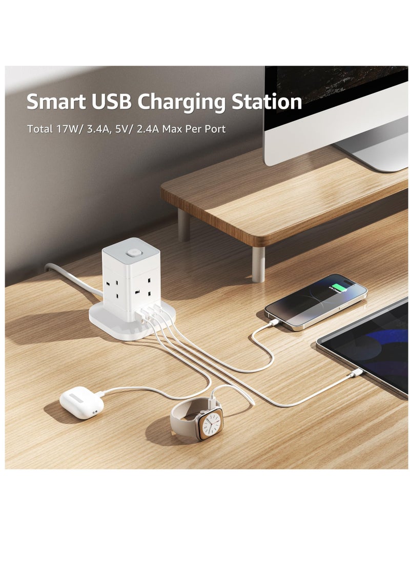 Excefore - Cube Extension Lead with USB Slots, 4 Way Multi Plug Extension Socket with 2 USB C and 2 USB A, 13A 3250W Power Strip with Switch 1.5M Extension Cords for Desk Home Office Travel - Image 1