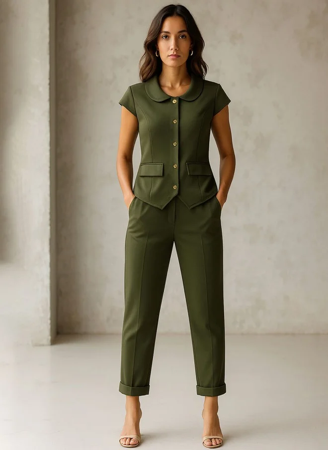 Olive Green Peter Pan Collar Top With Trousers Co-Ords