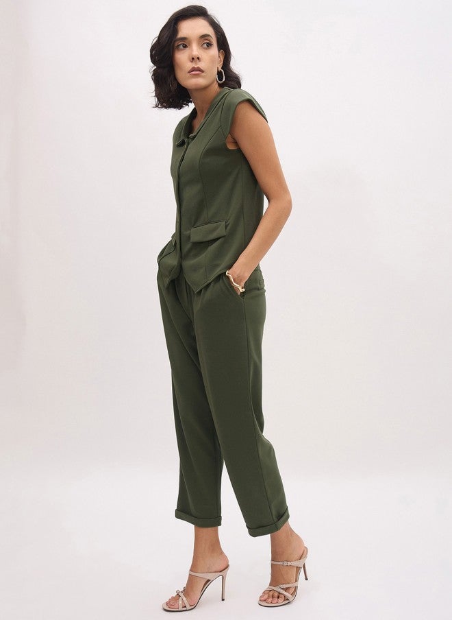 ساسافراس طقم بلوزة بياقة بيتر بان خضراء زيتونية مع بنطلون - Image 4