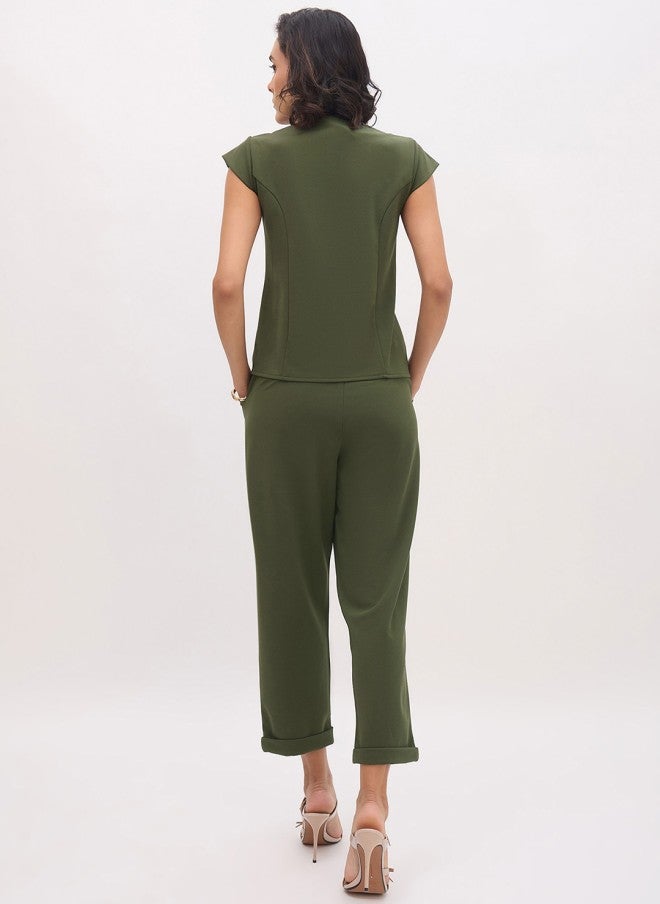 ساسافراس طقم بلوزة بياقة بيتر بان خضراء زيتونية مع بنطلون - Image 5