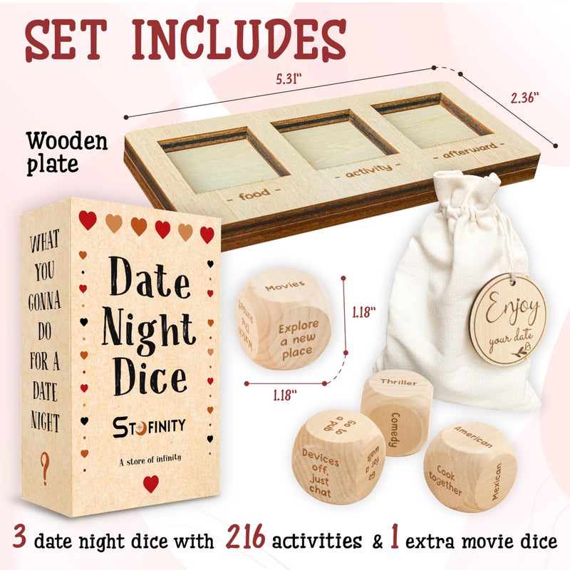 STOFINITY Date Night Dice Game for Couples - Food Decision Dice Date Night Game Board, Wooden Dinner Dice for Adults, Couples Dice Anniversary Wood Gifts for Her Him, Couples Games Date Ideas Set - Image 2