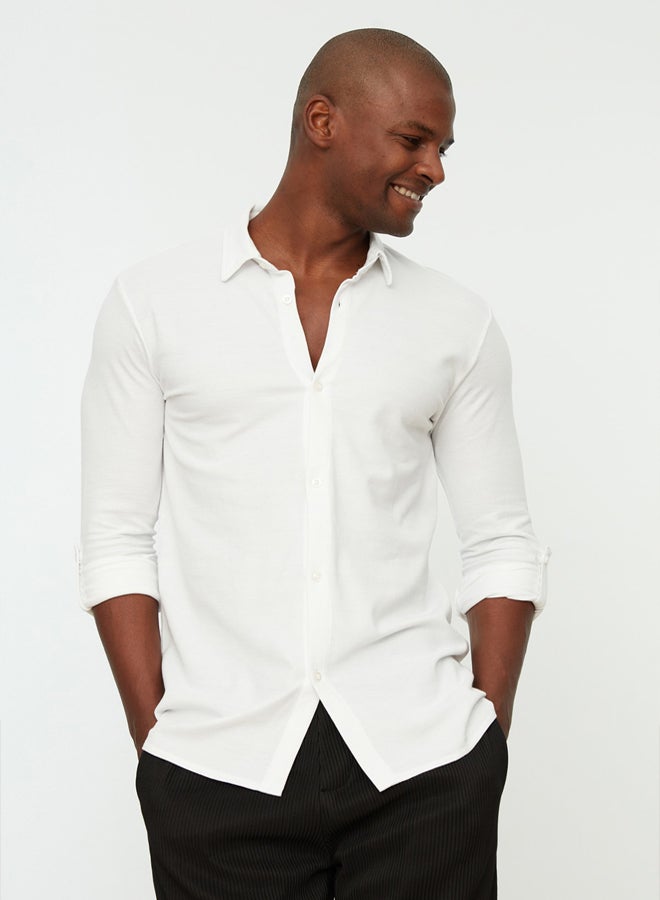 White Slim Fit Shirt Collar Epaulette Knitted Piqué Shirt TMNSS22GO0051