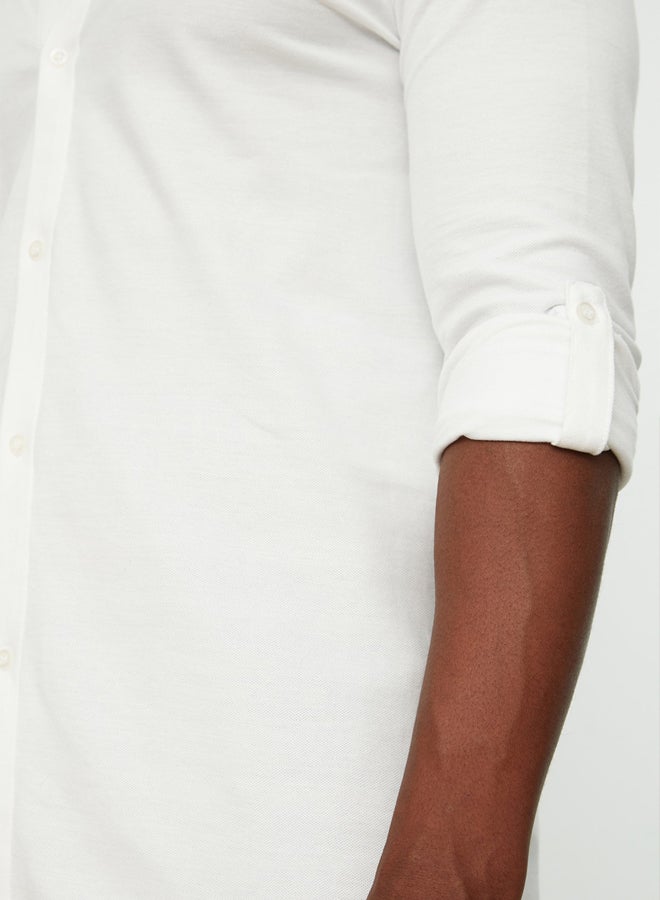 White Slim Fit Shirt Collar Epaulette Knitted Piqué Shirt TMNSS22GO0051
