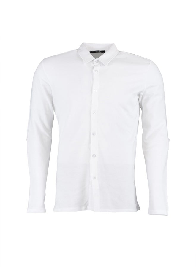 White Slim Fit Shirt Collar Epaulette Knitted Piqué Shirt TMNSS22GO0051