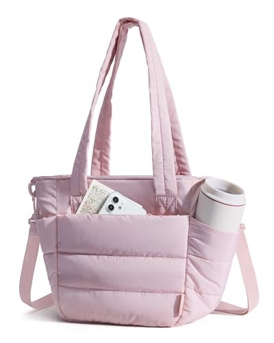 BAGSMART Lunch Bag Women Small Insulated Tote with Lunch Compartment Quilted Lightweight Puffy Tote Bag for Work Travel Outdoor Pink