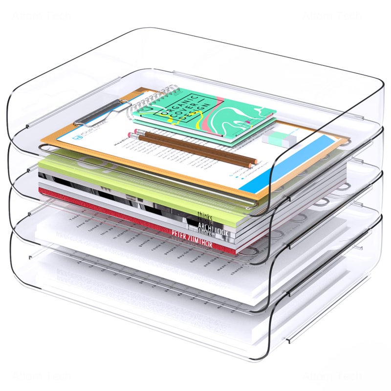Tomorotec Desk Letter Tray Set A4 Size Clear PET Stackable Document Organizer Office Desktop File Paper Holder Book Storage Rack Side Load AntiSkid Stacking Support Convex Bottom 4X Landscape