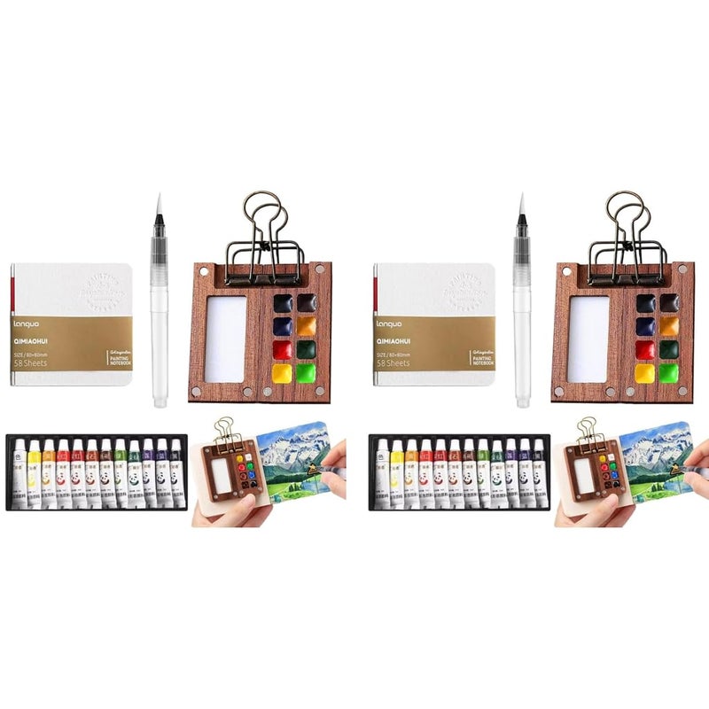 HASTHIP Pocket Watercolor Acrylic Painting Book 12-Color Paints Set with 2.36 inches Mini 8-Grid Palette Brush Pen Travel Sketching Kit Christmas Gift for Kids 2 PCS - Image 1