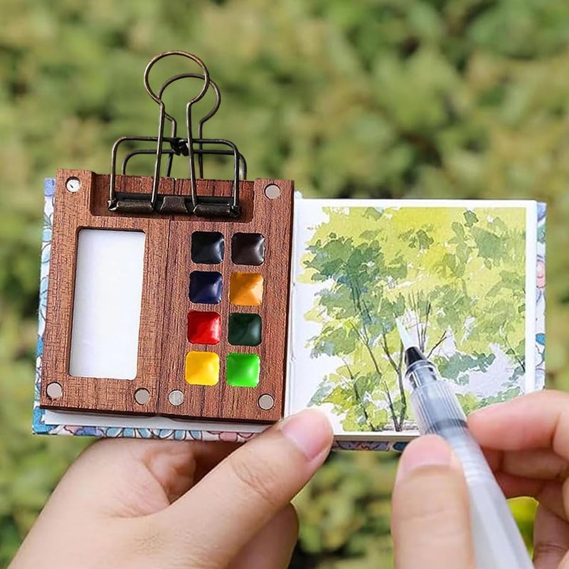 HASTHIP Pocket Watercolor Acrylic Painting Book 12-Color Paints Set with 2.36 inches Mini 8-Grid Palette Brush Pen Travel Sketching Kit Christmas Gift for Kids 2 PCS - Image 5
