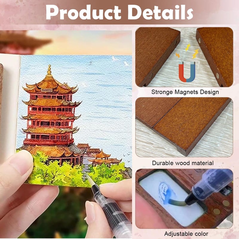 HASTHIP Pocket Watercolor Acrylic Painting Book 12-Color Paints Set with 2.36 inches Mini 8-Grid Palette Brush Pen Travel Sketching Kit Christmas Gift for Kids 2 PCS - Image 4