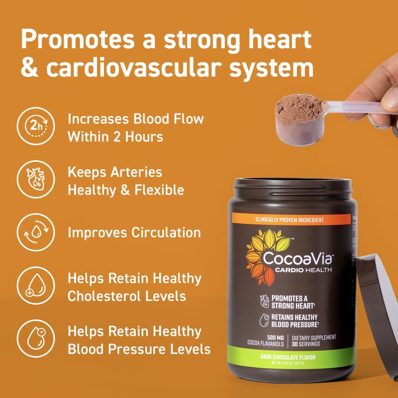 CocoaVia Cardio Health Cocoa Powder, 30 Servings, 500mg Cocoa Flavanols, Support Heart Health, Boost Nitric Oxide, Improve Circulation, Energy, Preworkout, Vegan, Dark Chocolate Cacao - Image 3