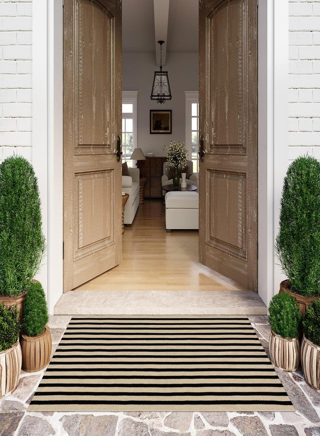 LEEVAN Outdoor Patio Rug Washable Black and White Outdoor Rug Outside Welcome Mat Striped Porch Door Mat Outside Entrance Layered Indoor Doormat - Image 1