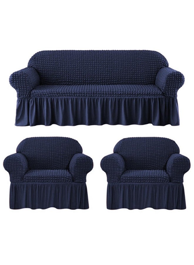 Lukzer غطاء أريكة تركي قابل للتمدد 5 مقاعد من لوكزر 320 GSM، واقي أريكة عالمي من قماش فقاعات مع حواف، غطاء مرن كبير عالمي (أزرق بحري/SC-102-05) - Image 1