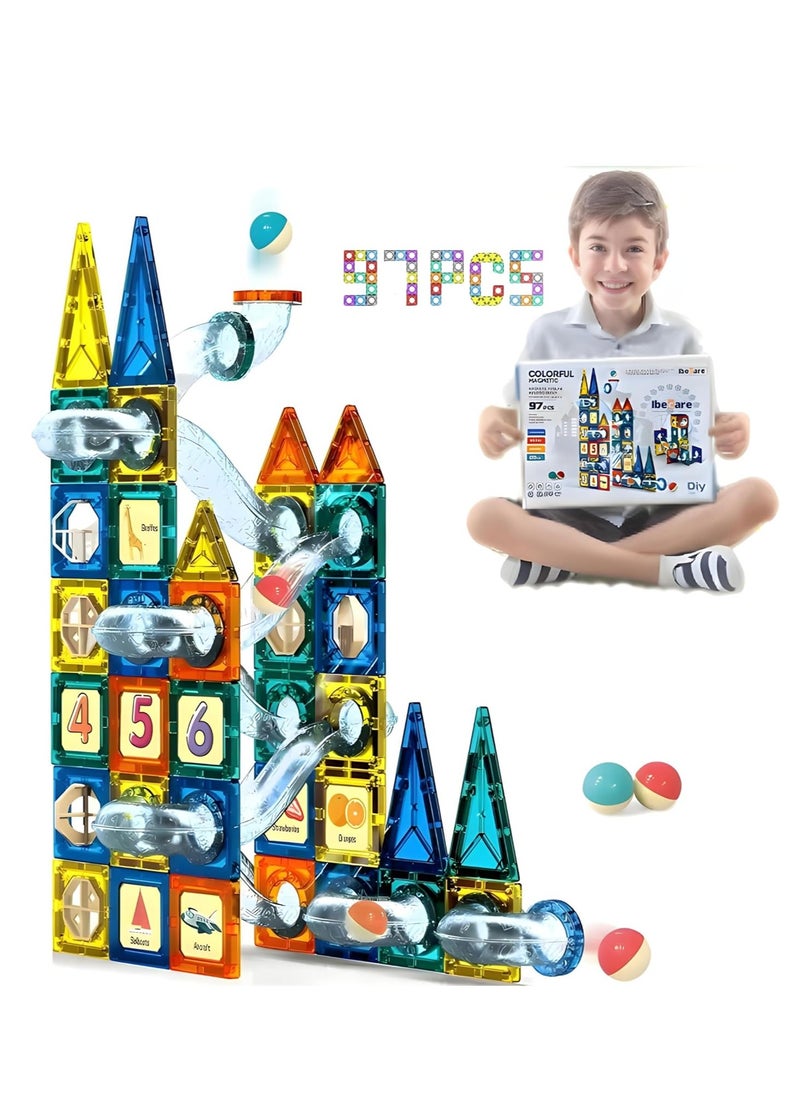 MUMS PLANET - 97Pcs Magnetic Kids Toys Run Set | STEM Educational Toys for Kids | Magnetic Tiles | 3D Building Blocks | Best Gift for Boys & Girls 3+ | Marble Run with Race Tracks, Maze Games (97 PCS) - Image 1
