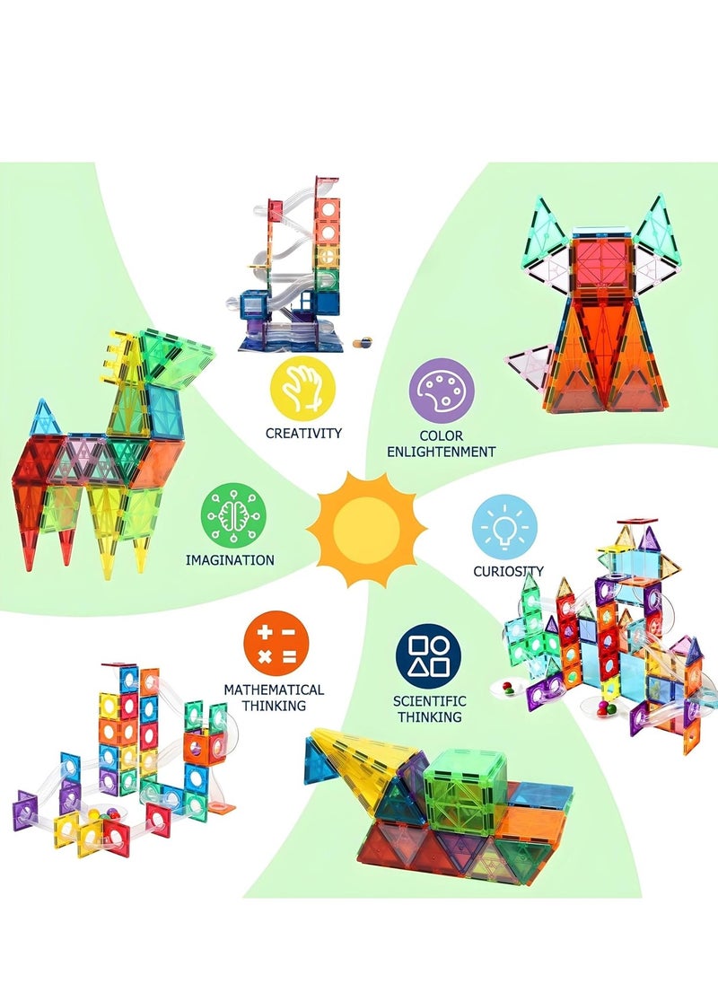 MUMS PLANET - 97Pcs Magnetic Kids Toys Run Set | STEM Educational Toys for Kids | Magnetic Tiles | 3D Building Blocks | Best Gift for Boys & Girls 3+ | Marble Run with Race Tracks, Maze Games (97 PCS) - Image 1