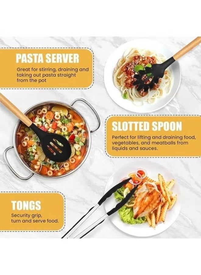 Rabos 19-Piece Silicone Kitchen Utensil Set with Stainless Steel Knives, Cutting Board & Heat-Resistant Wooden Handle Tools ‚Äì Nonstick Cooking Utensils Including Spatula, Turner, Whisk | Durable, Safe & Stylish for All Cooking Needs - Image 2