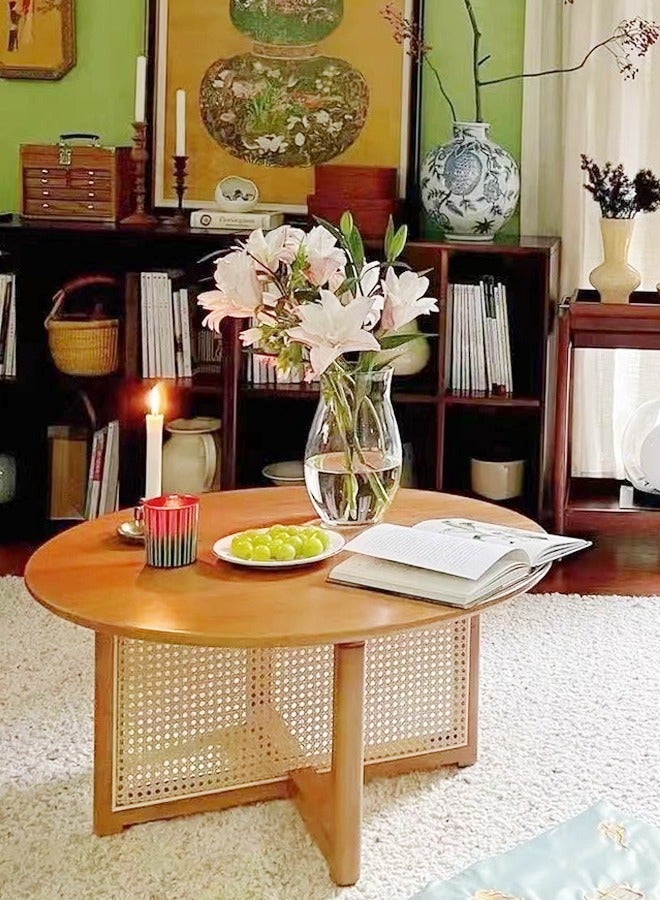 سي آند سي هوم طاولة قهوة دائرية من الخشب الصلب والروطان - طاولة وسط لغرفة المعيشة أو المكتب، 80x40 سم - Image 4