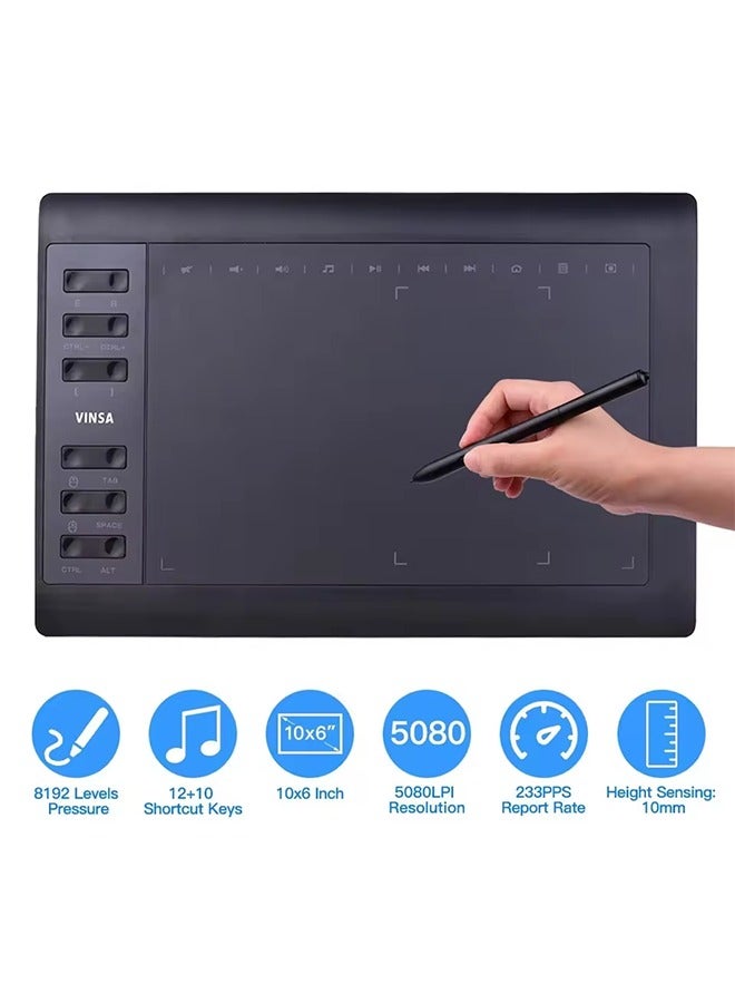 Vinsa 10x6 Inch Professional Graphics Drawing Tablet 12 Express Keys with for Windows Mac for Painting Designing Online Course  - Image 1