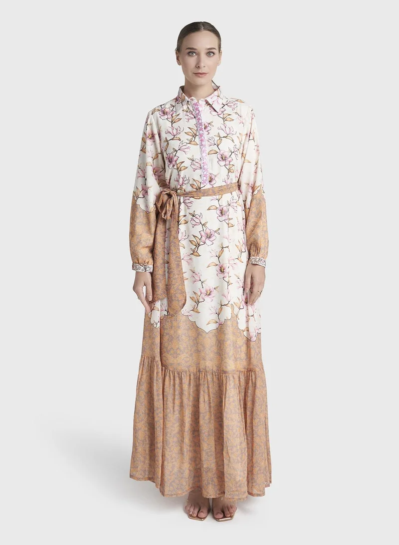 كشخة Cream Colour Stone Work Georgette Floral Printed Dress (VDE414)