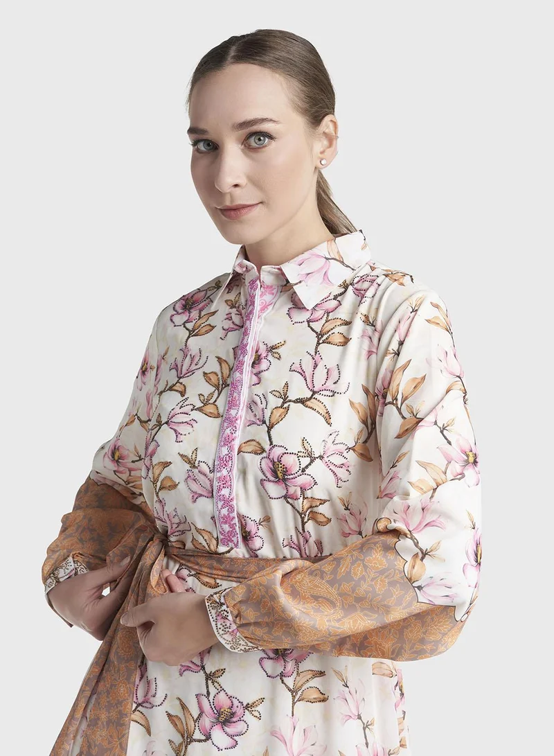 كشخة Cream Colour Stone Work Georgette Floral Printed Dress (VDE414)