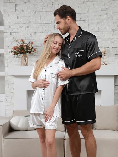 Jecery Mr and Mrs Pajamas Sets Matching Pajamas for Couple His and Hers Satin Button Pjs Short Sleeve Sleepwear for Women Men(Women,Small,Black Everything) - Image 5