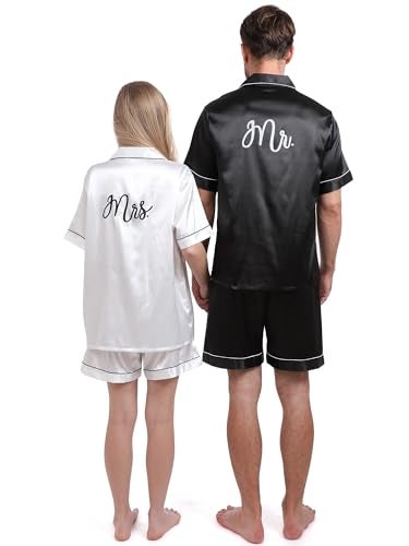 Jecery Mr and Mrs Pajamas Sets Matching Pajamas for Couple His and Hers Satin Button Pjs Short Sleeve Sleepwear for Women Men(Women,Small,Black Everything) - Image 1