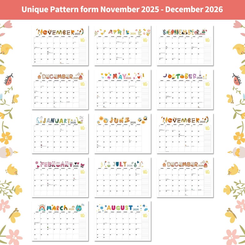 windrio 2026 Desk Calendar Wall Calendars, Large 17" x 12", November 2025 - December 2026 Monthly Planner Desktop, 12 Months Planning Organizing for Home, School, Office, Holiday, Background Doodle Letter - Image 2