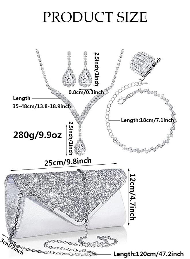 DUNISO 5Pcs Clutch Bag Rhinestone Jewelry Set with Necklace Earrings Bracelets Ring Rhinestone Purse Bag Glitter Evening Bag Wedding Bridal Bridesmaid Costume Jewelry Set for Women and Girls Dress Accessorie - Image 2