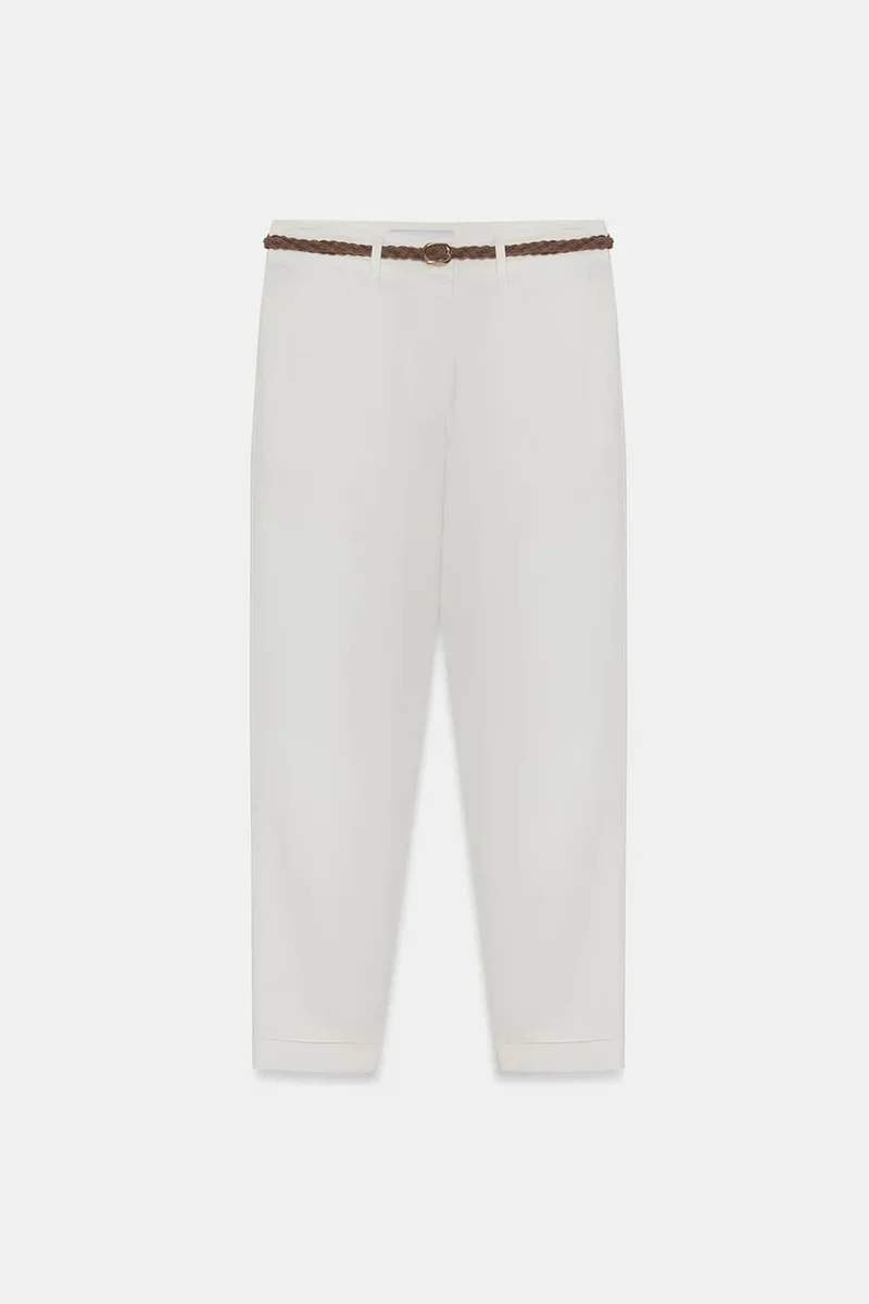 Dilvin Dusty White DILVIN Belted Straight-leg Gabardine Chinos for Women | Best Price UAE