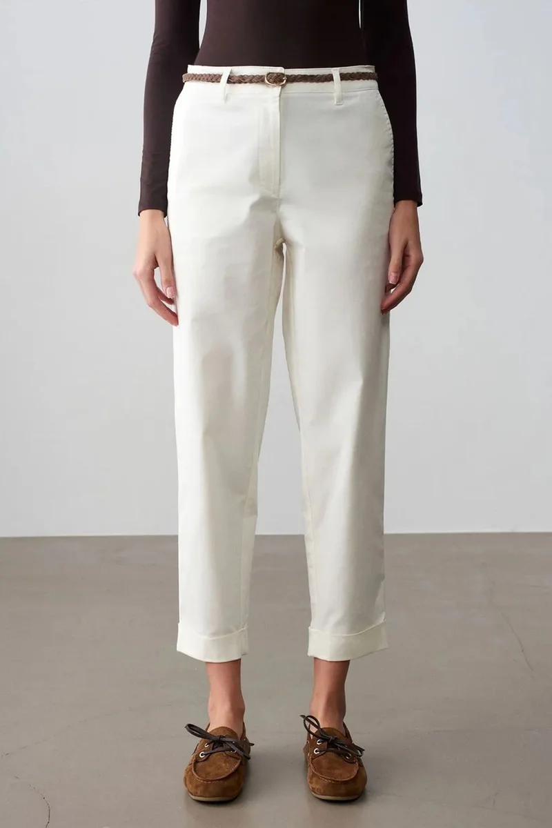 Dilvin Dusty White DILVIN Belted Straight-leg Gabardine Chinos for Women | Best Price UAE