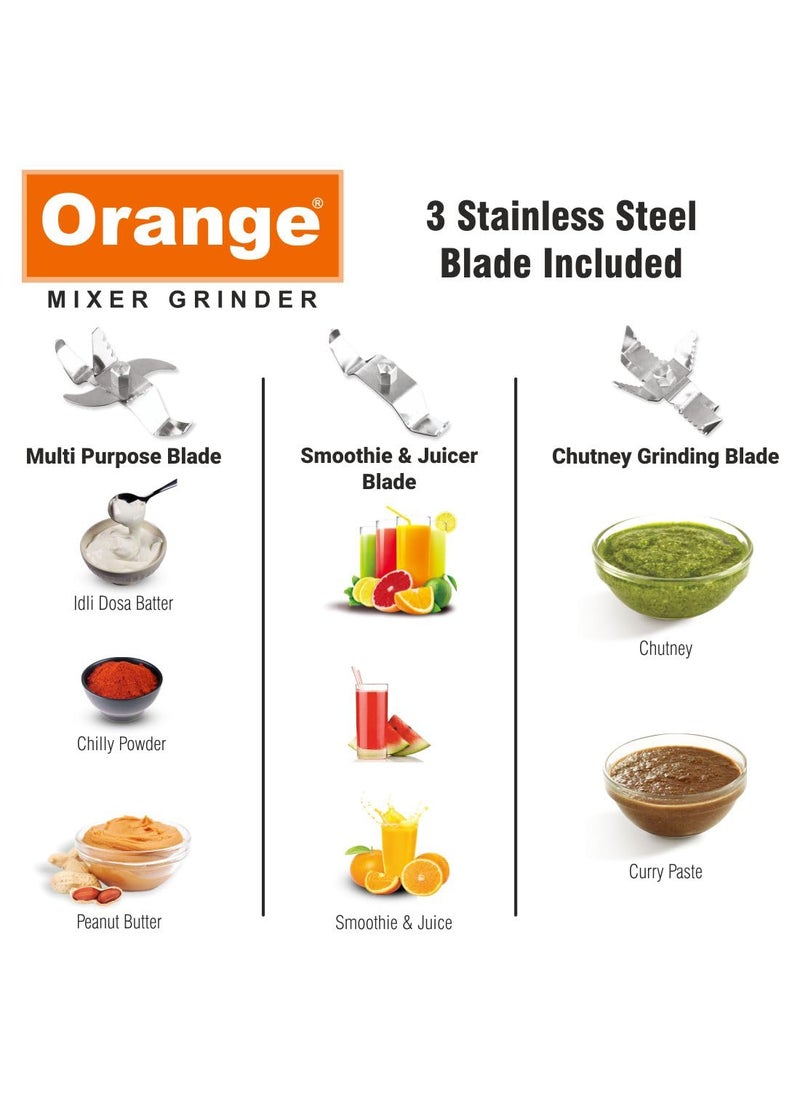 Orange Orange Elite Mixer Grinder 1000 watt 4 Jars Mixie with pulse mode (1 S.S Liquid Jar, 1 Smoothie jar, 1 Chutney jar, 1 S.S Dry Jar)/ Shock Proof ABS Body/Stable Anti-Skid base  - Image 4