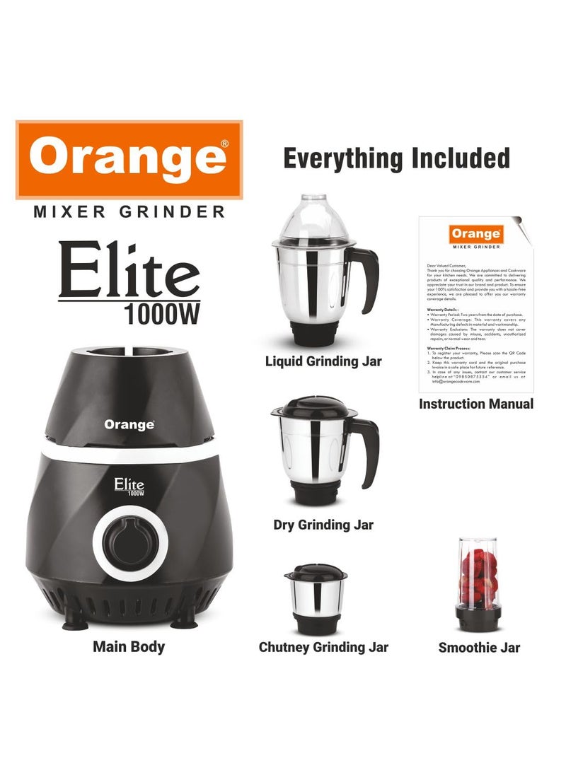 Orange Orange Elite Mixer Grinder 1000 watt 4 Jars Mixie with pulse mode (1 S.S Liquid Jar, 1 Smoothie jar, 1 Chutney jar, 1 S.S Dry Jar)/ Shock Proof ABS Body/Stable Anti-Skid base  - Image 5