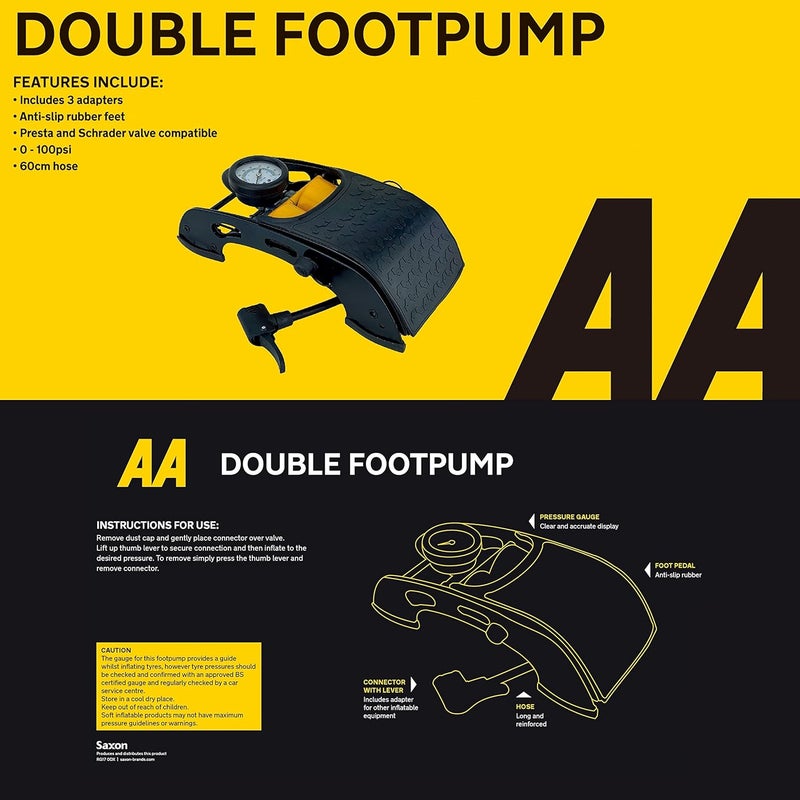 AA Twin Cylinder Foot Pump - Tyre Inflator for Cars, Motorcycles, Bicycles, and Inflatables - Image 2