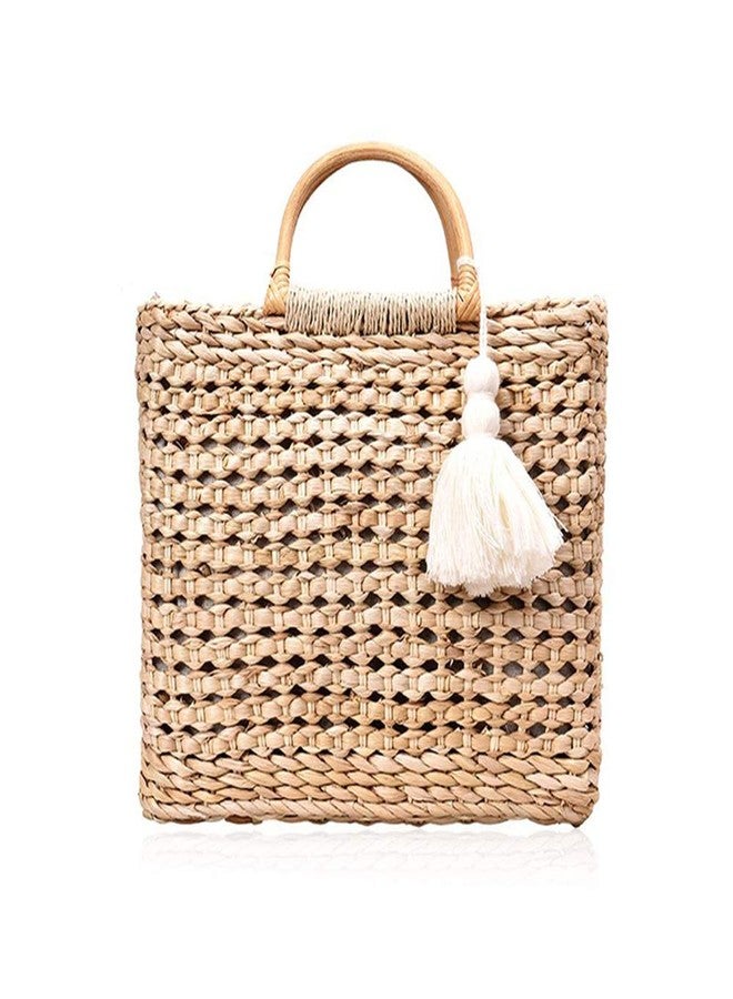 QTKJ Fashion Women Summer Straw Crossbody Bag with Cute Tassels Pendant, Hand-Woven Beach Shoulder Bag with Top Wooden Handle Tote Bag (Khaki) - Image 1