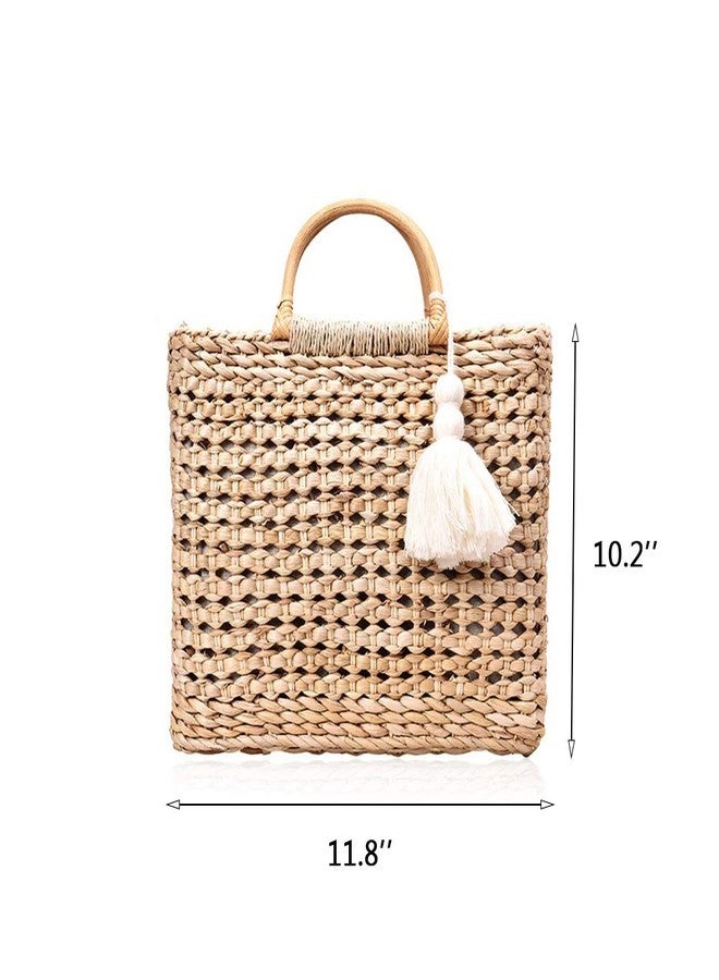 QTKJ Fashion Women Summer Straw Crossbody Bag with Cute Tassels Pendant, Hand-Woven Beach Shoulder Bag with Top Wooden Handle Tote Bag (Khaki) - Image 3
