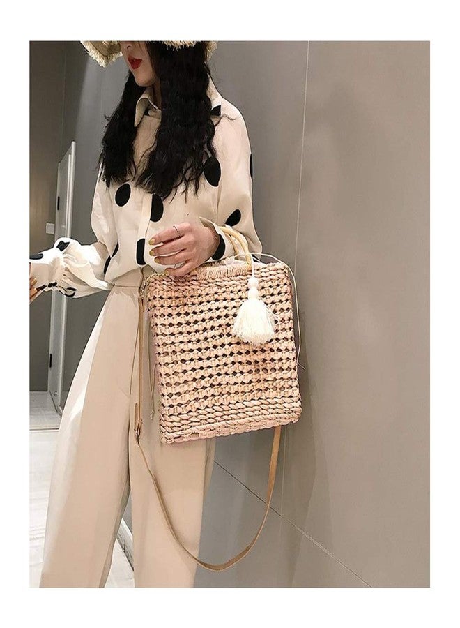 QTKJ Fashion Women Summer Straw Crossbody Bag with Cute Tassels Pendant, Hand-Woven Beach Shoulder Bag with Top Wooden Handle Tote Bag (Khaki) - Image 4