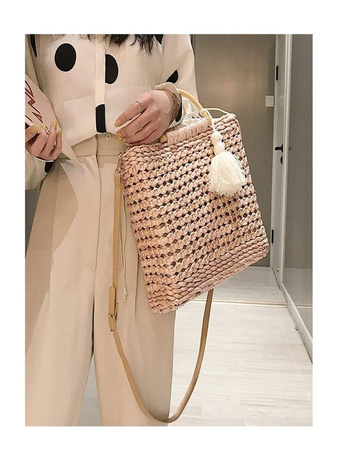 QTKJ Fashion Women Summer Straw Crossbody Bag with Cute Tassels Pendant, Hand-Woven Beach Shoulder Bag with Top Wooden Handle Tote Bag (Khaki) - Image 5